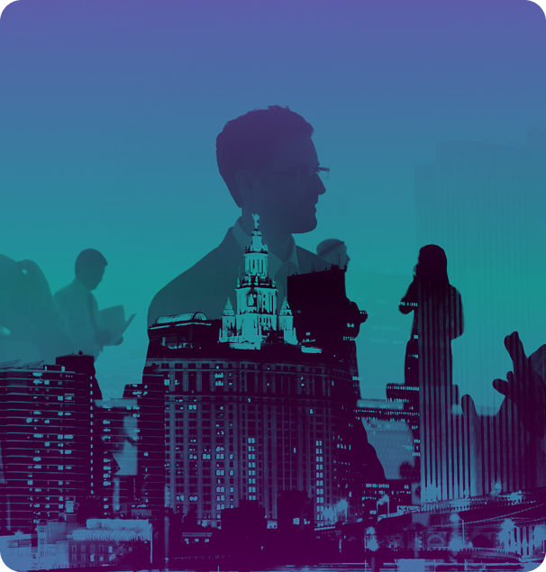 Professional silhouettes with cityscape